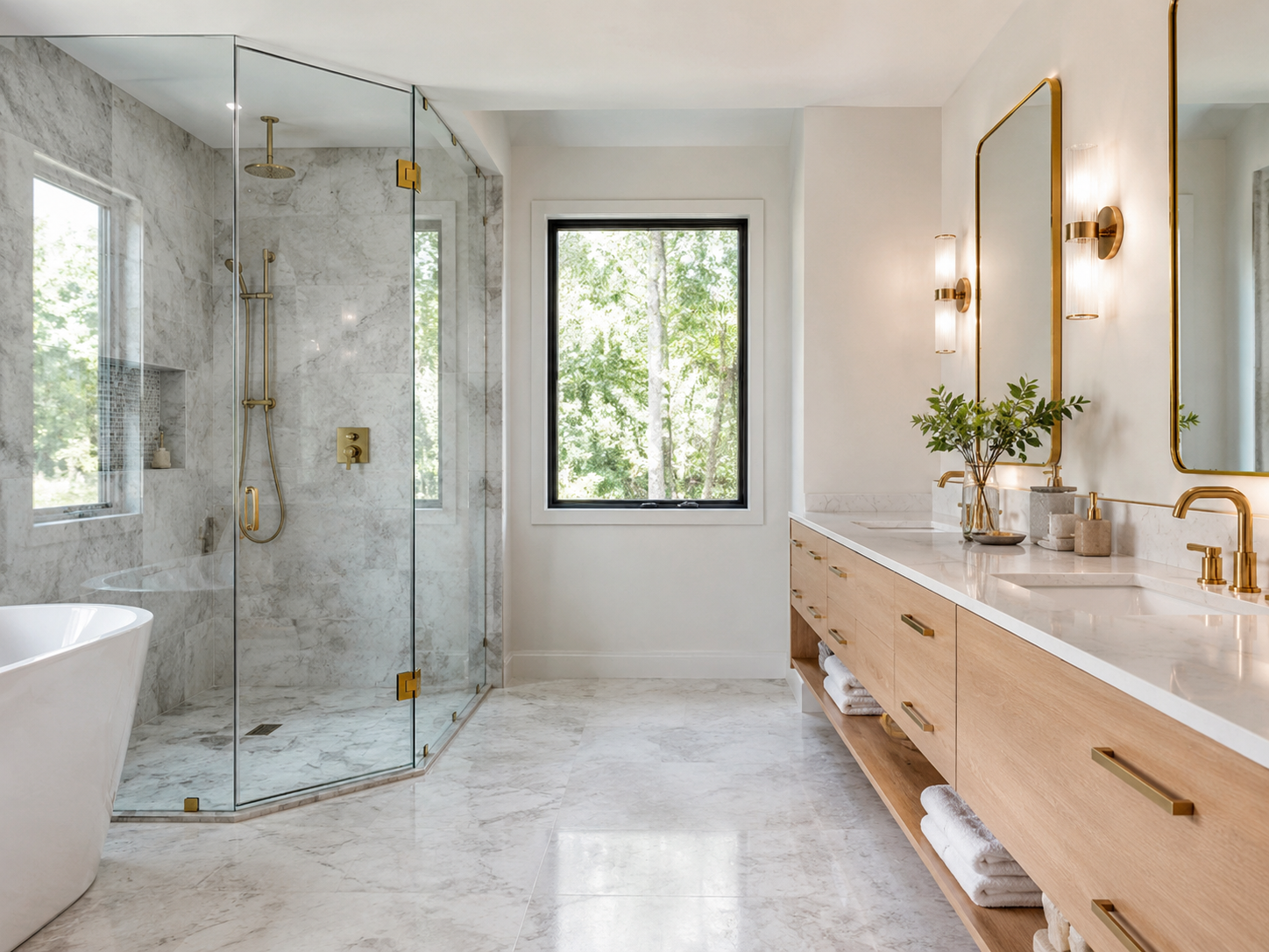 Completed bathroom remodel with a glass shower and floating vanity