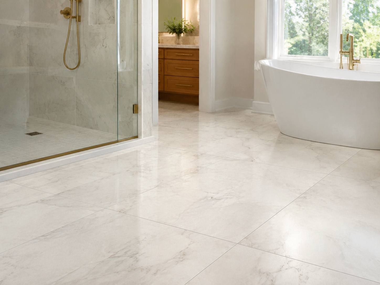 Large-format porcelain tile in a luxury bathroom